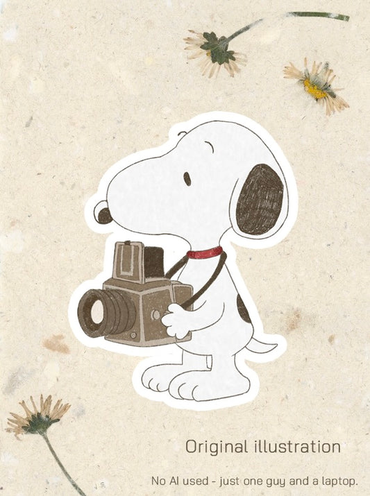 Snoopy holding Hasselblad - FSC® certified Sticker